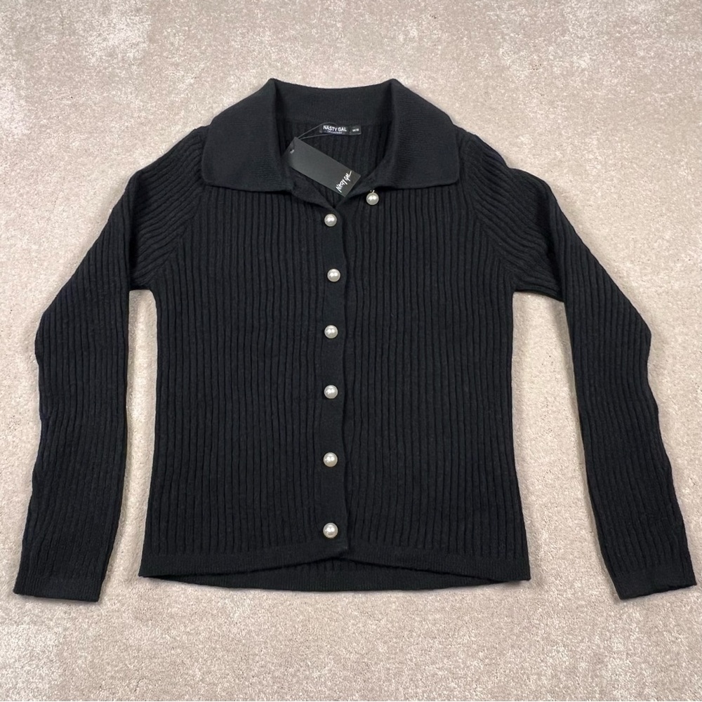 Nasty Gal NWT‎ Black Pearl Button Cardigan Collared Sweater Women's 10/12 US